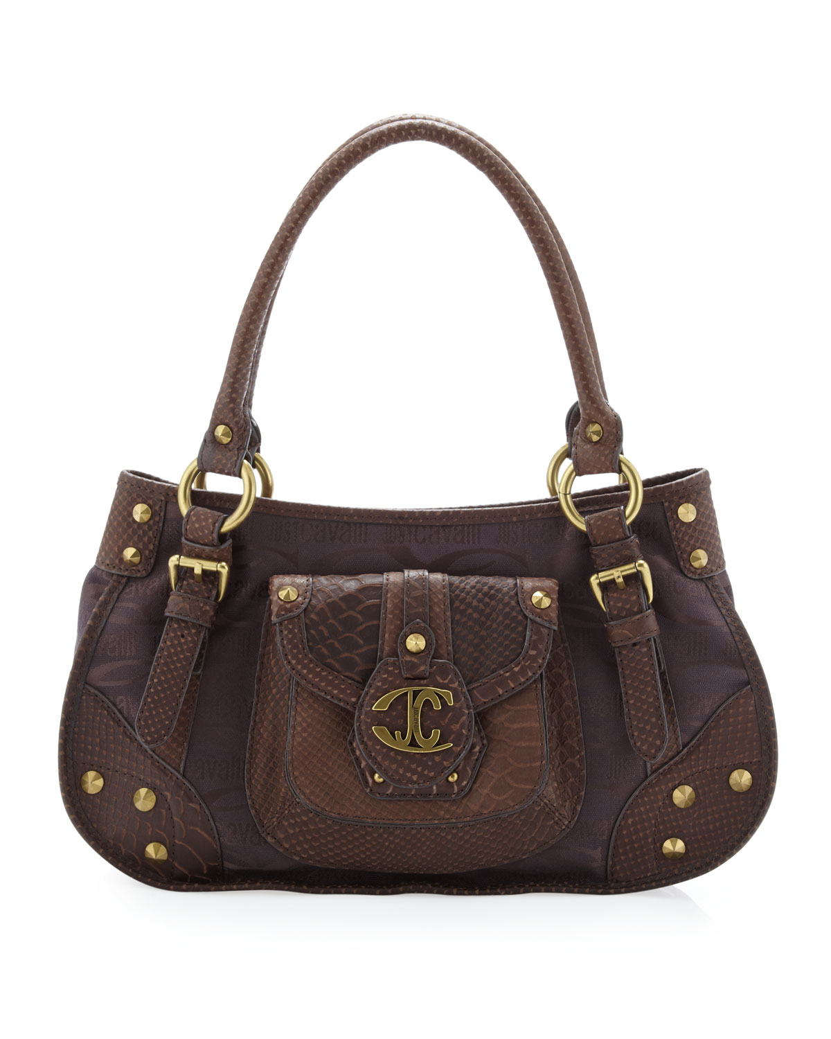 Just cavalli Logo Fabric Stud Shoulder Bag in Brown | Lyst