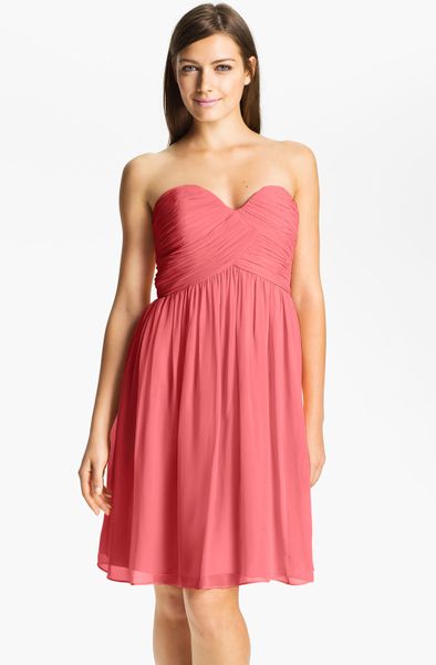 Donna Morgan Strapless Silk Chiffon Dress in Pink (pink coral) | Lyst