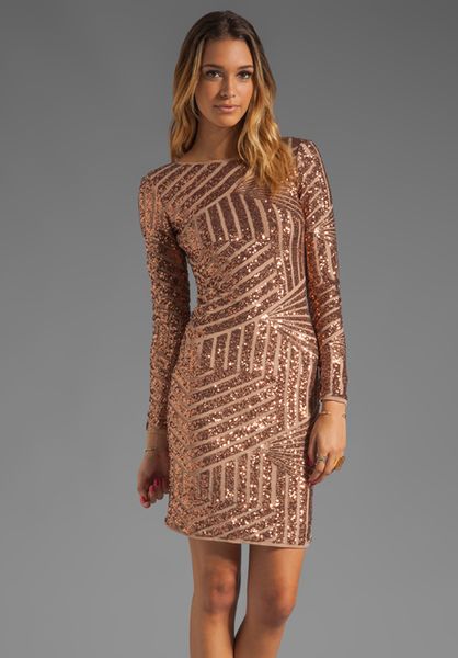 Bcbgmaxazria Sequin Long Sleeve Scoop Back Dress in Brown (rose gold ...