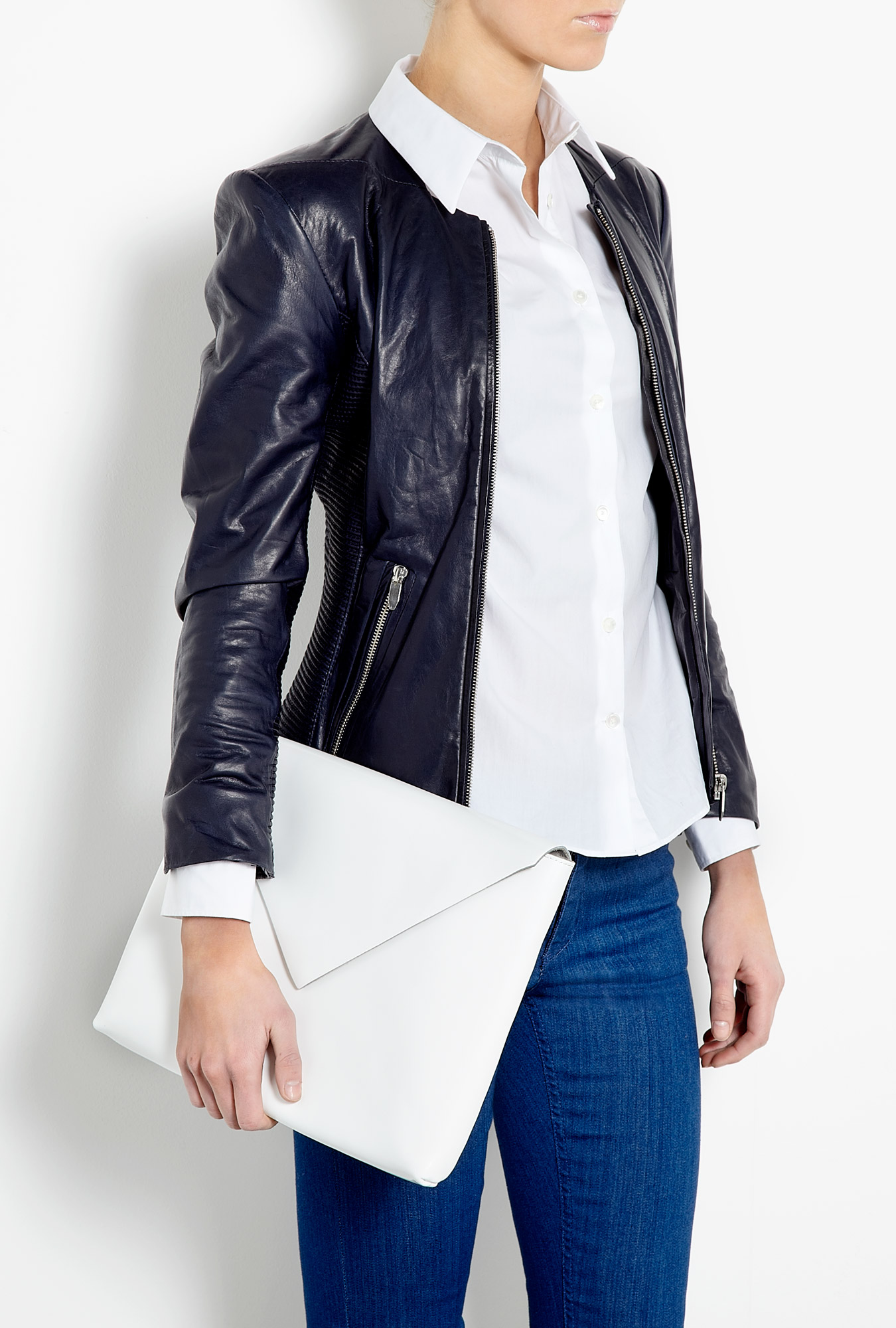 white leather envelope clutch bag