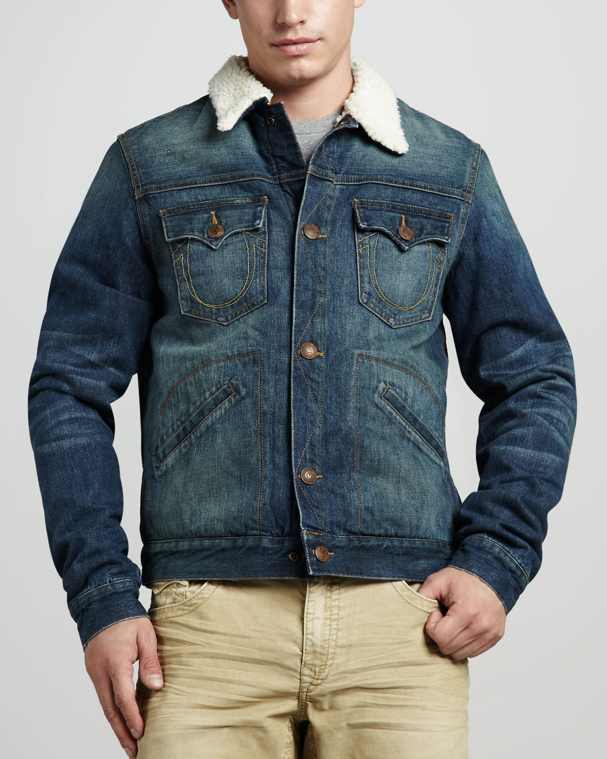 Lyst - True religion Daltry Denim Jacket with Sherpa Collar in Blue for Men