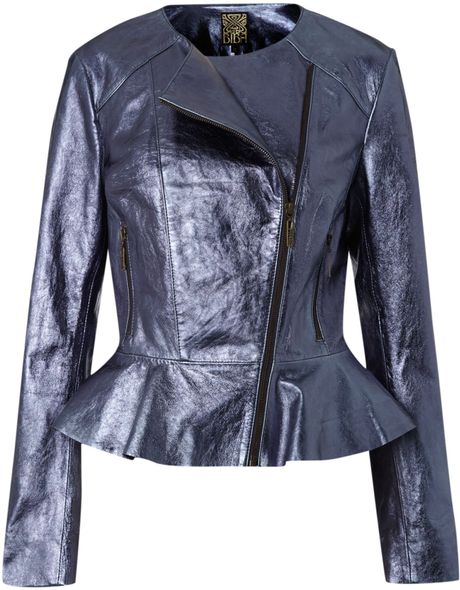 Biba Metallic Leather Jacket in Blue | Lyst
