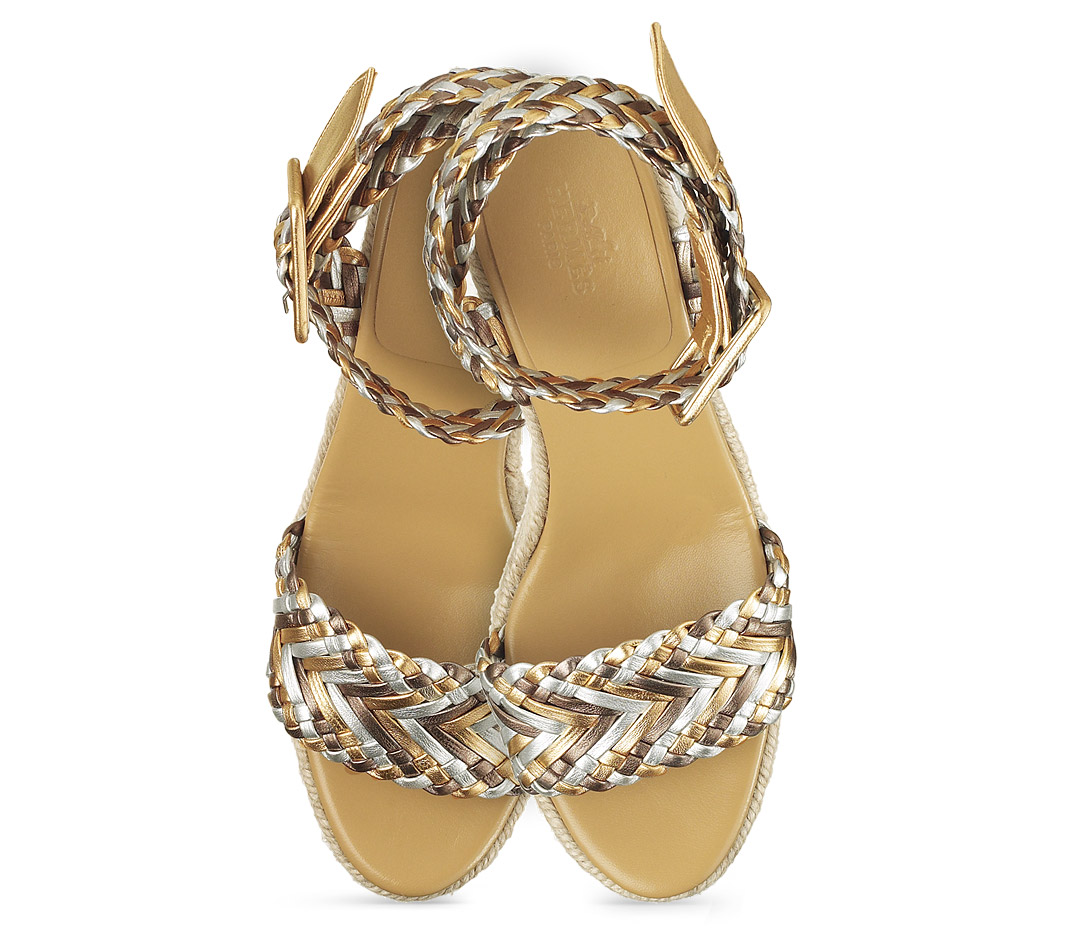 Hermès Sofia Braided Heeled Sandals in Silver | Lyst