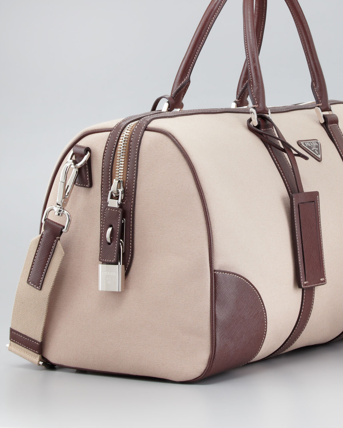 Prada Canvas Leather Trim Duffle Bag in Beige for Men (beige brown ...  