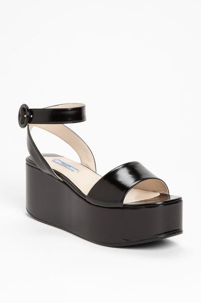Prada Ankle Strap Wedge Sandal in Black | Lyst