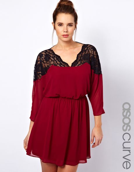 Asos Curve Skater Dress with Lace Top and Scallop Neck in Red | Lyst