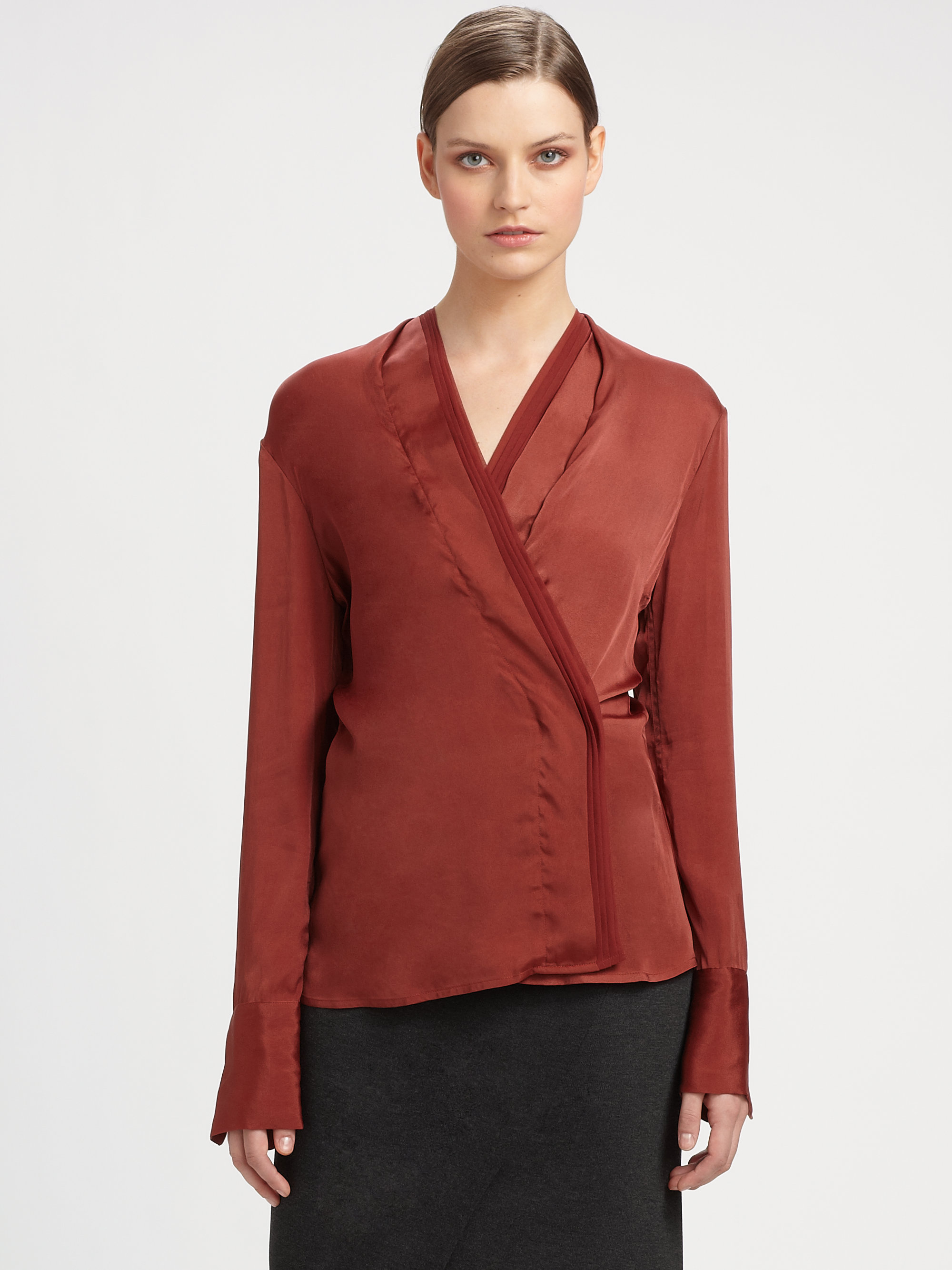 Lyst - Donna Karan Tissue Satin Wrap Top in Red