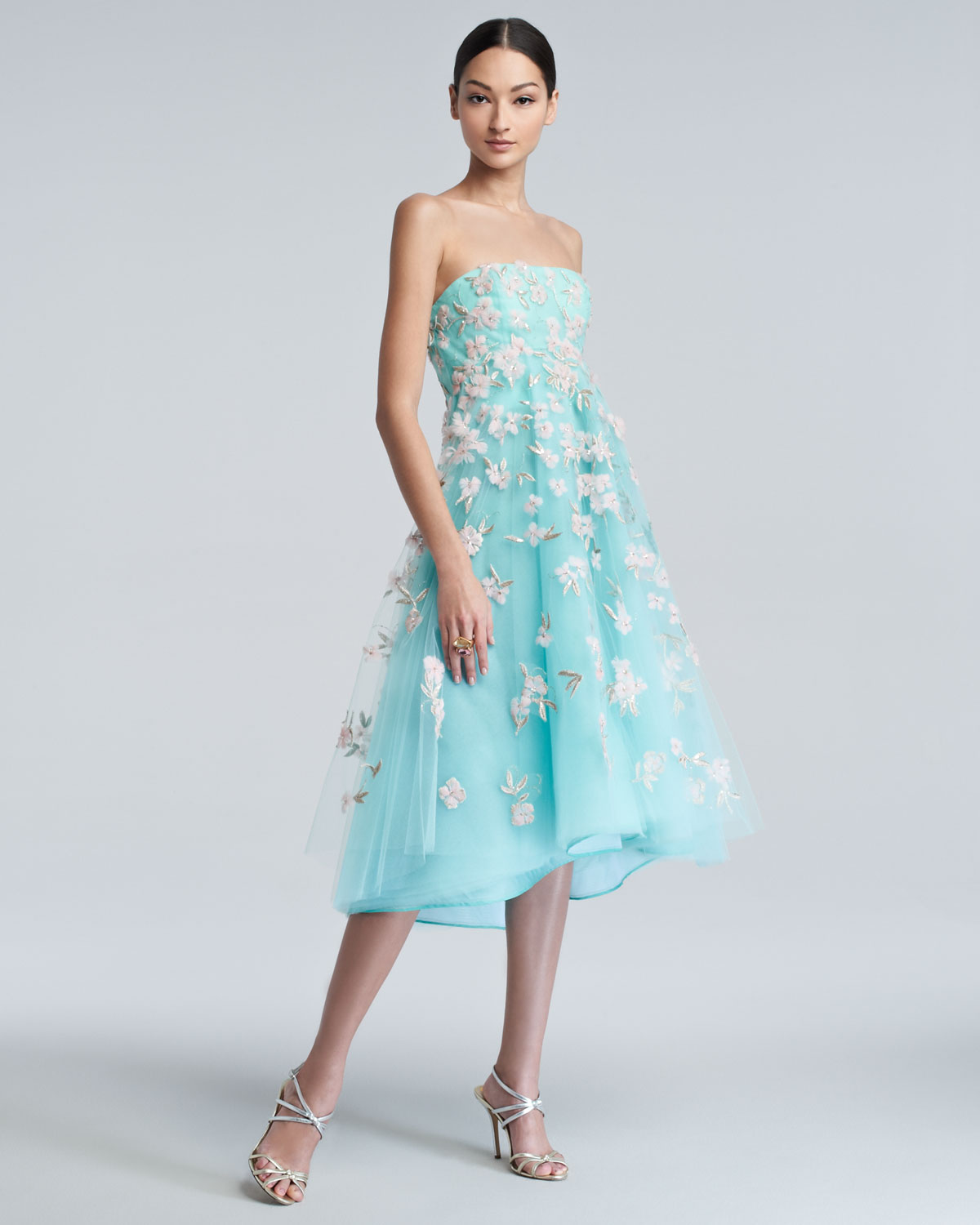 Oscar De La Renta Floral Embroidered Tulle Cocktail Dress In Blue Lyst