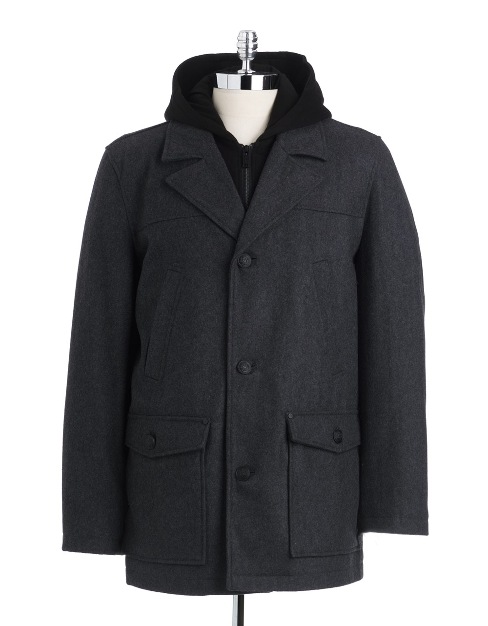 Guess Hooded Wool Pea Coat in Gray for Men | Lyst
