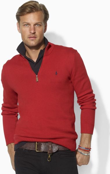 Polo Ralph Lauren Long Sleeved Cotton Half Zip Sweater in Red for Men ...