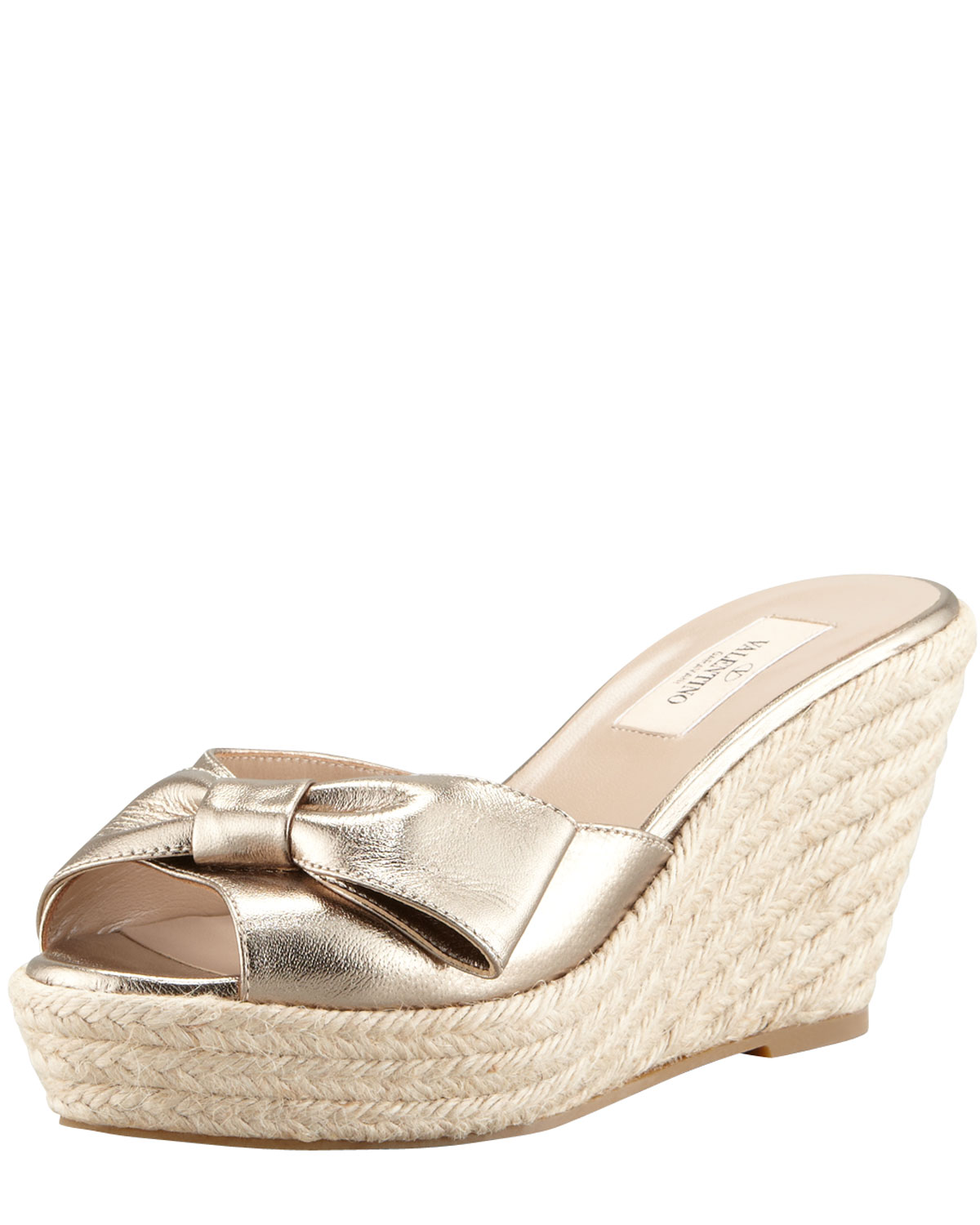 Valentino Metallic Leather Bow Espadrille Slide in Gold | Lyst