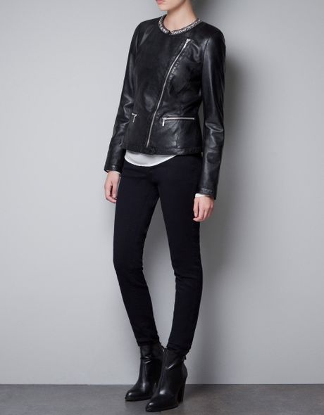 Zara Leather Jacket with Stones On Collar in Black | Lyst