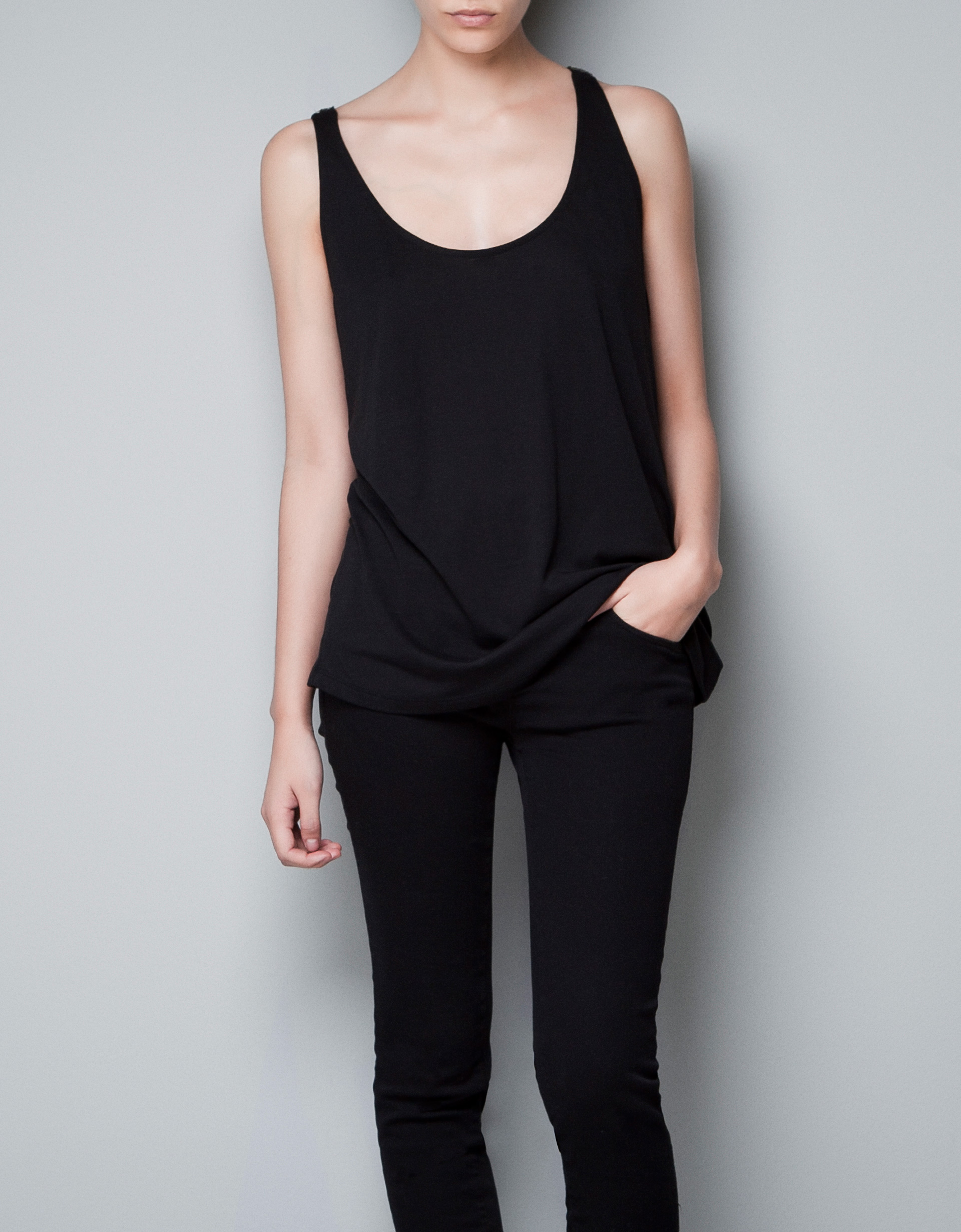 zara open back tank top in black lyst zara open back tank top in black lyst