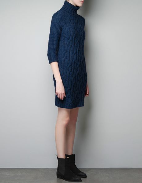 Zara Cable Knit Dress in Blue (dark blue) | Lyst
