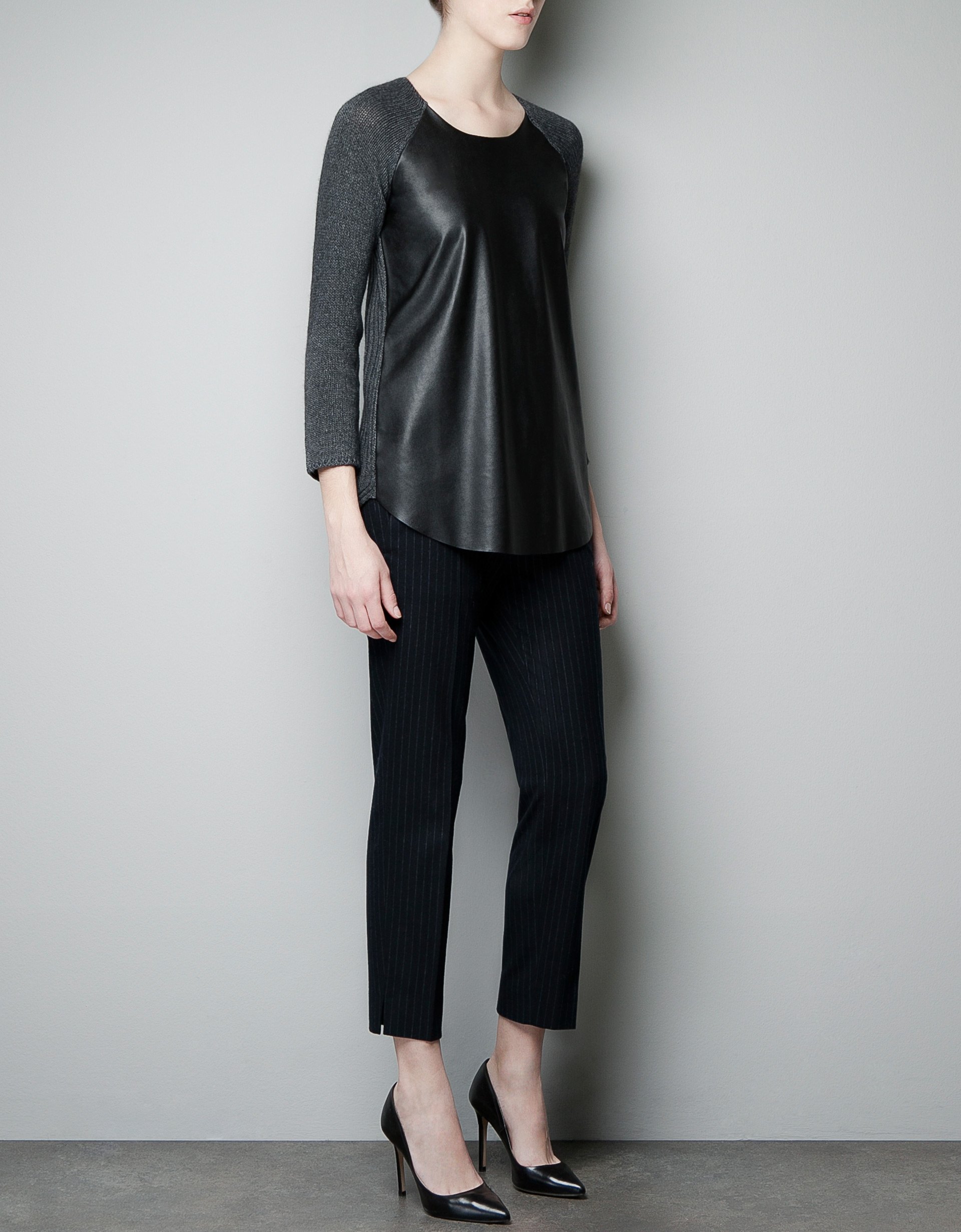 Zara Sweater with Faux Leather Front in Black | Lyst