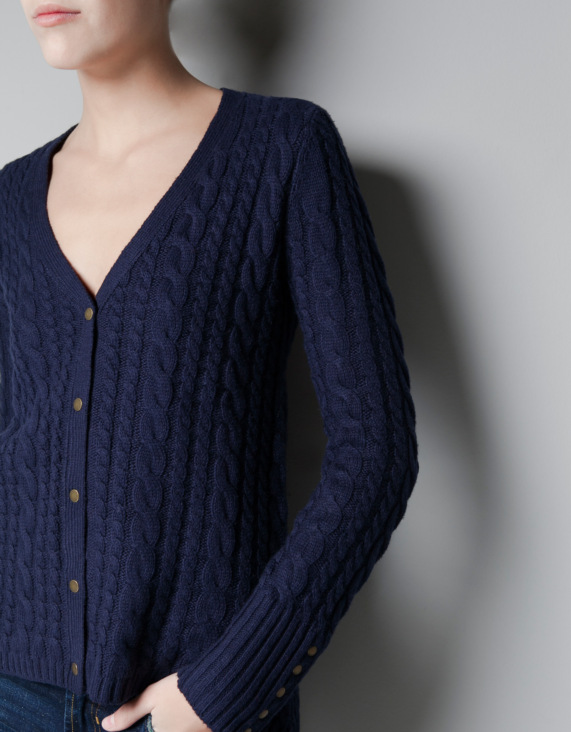 Zara Cable Knit Cardigan with Gold Buttons in Blue Lyst