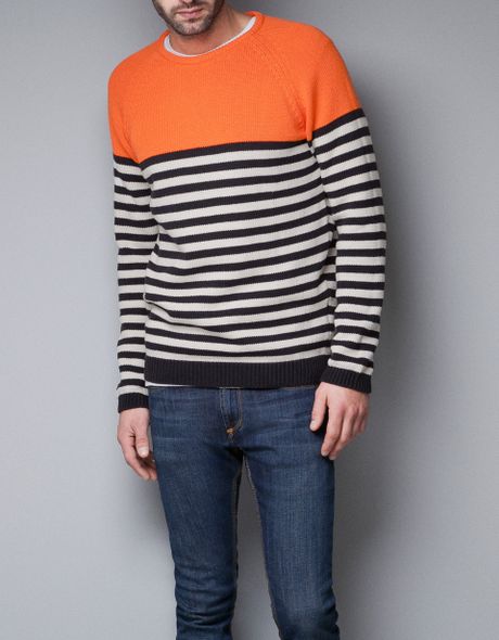 Zara Combination Striped Sweater in Orange for Men | Lyst