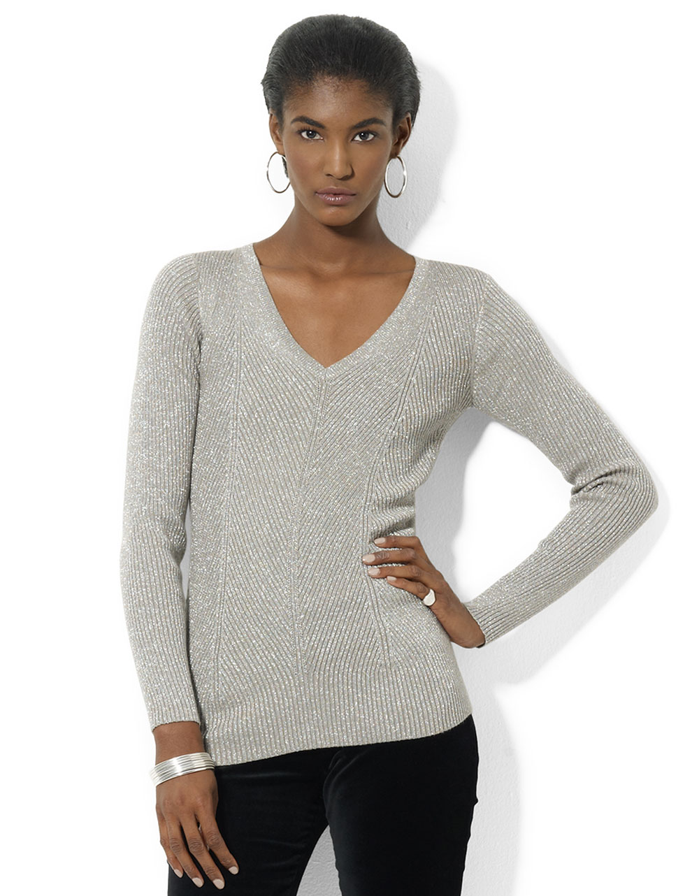 Lauren By Ralph Lauren Long-Sleeve Ribbed Metallic Sweater in Silver | Lyst