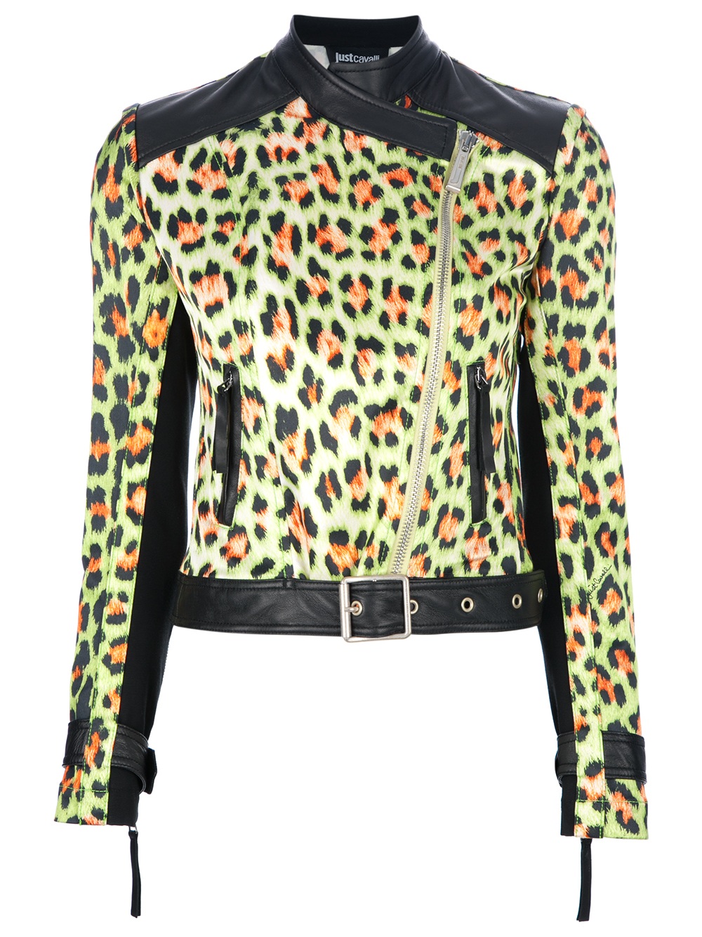 Just cavalli Greenblack Leopard Print Moto Jacket in Black | Lyst