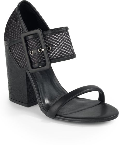 Cynthia Rowley Leather Mesh Block Heel Sandals in Black | Lyst