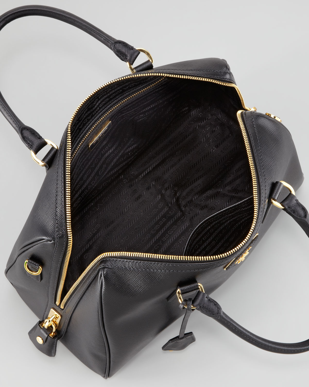 Prada Saffiano Shoulder Strap Bowler Bag Black in Black | Lyst  