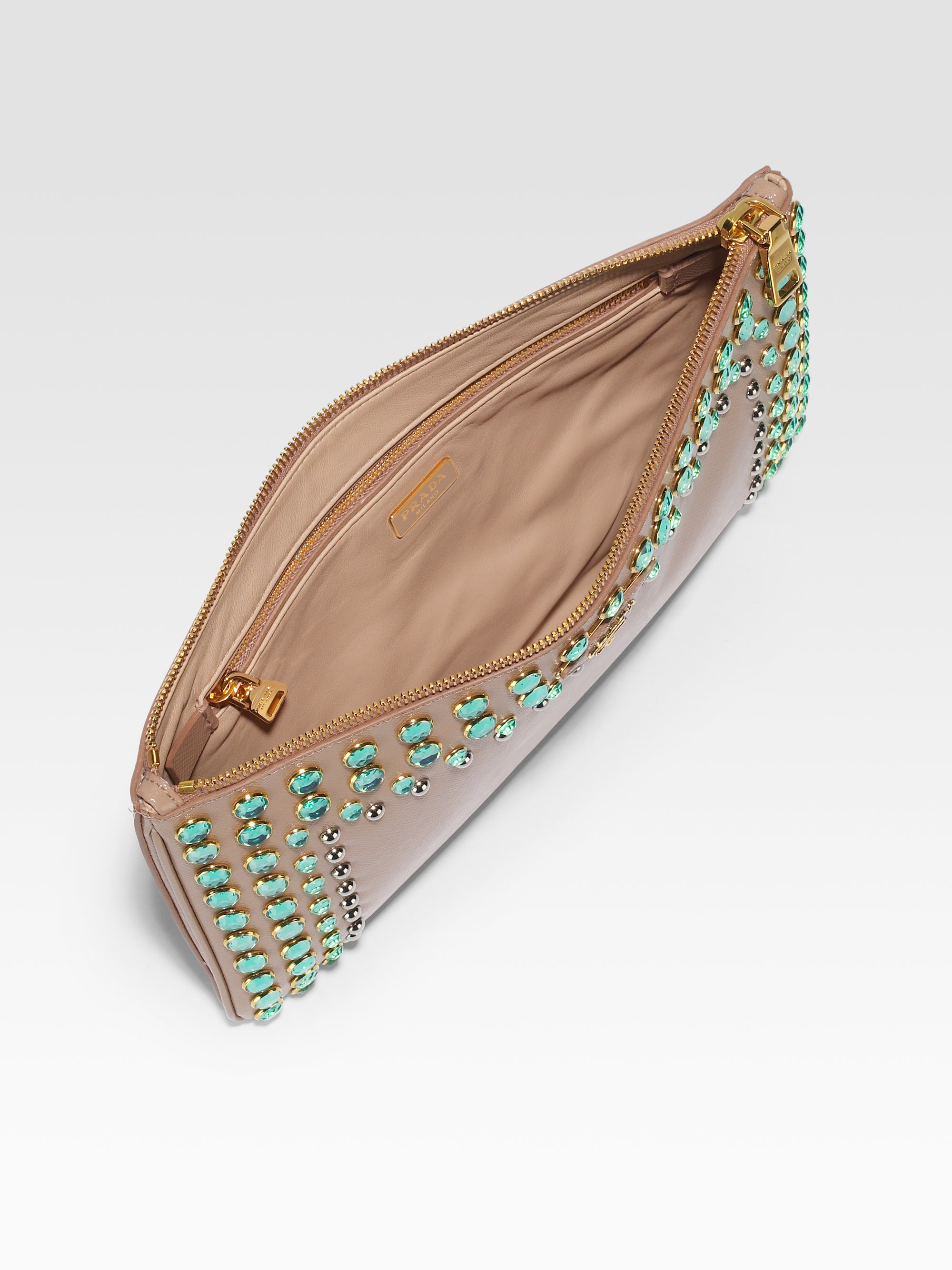 Prada Vern Jeweled and Studded Clutch in Beige (blush) | Lyst  