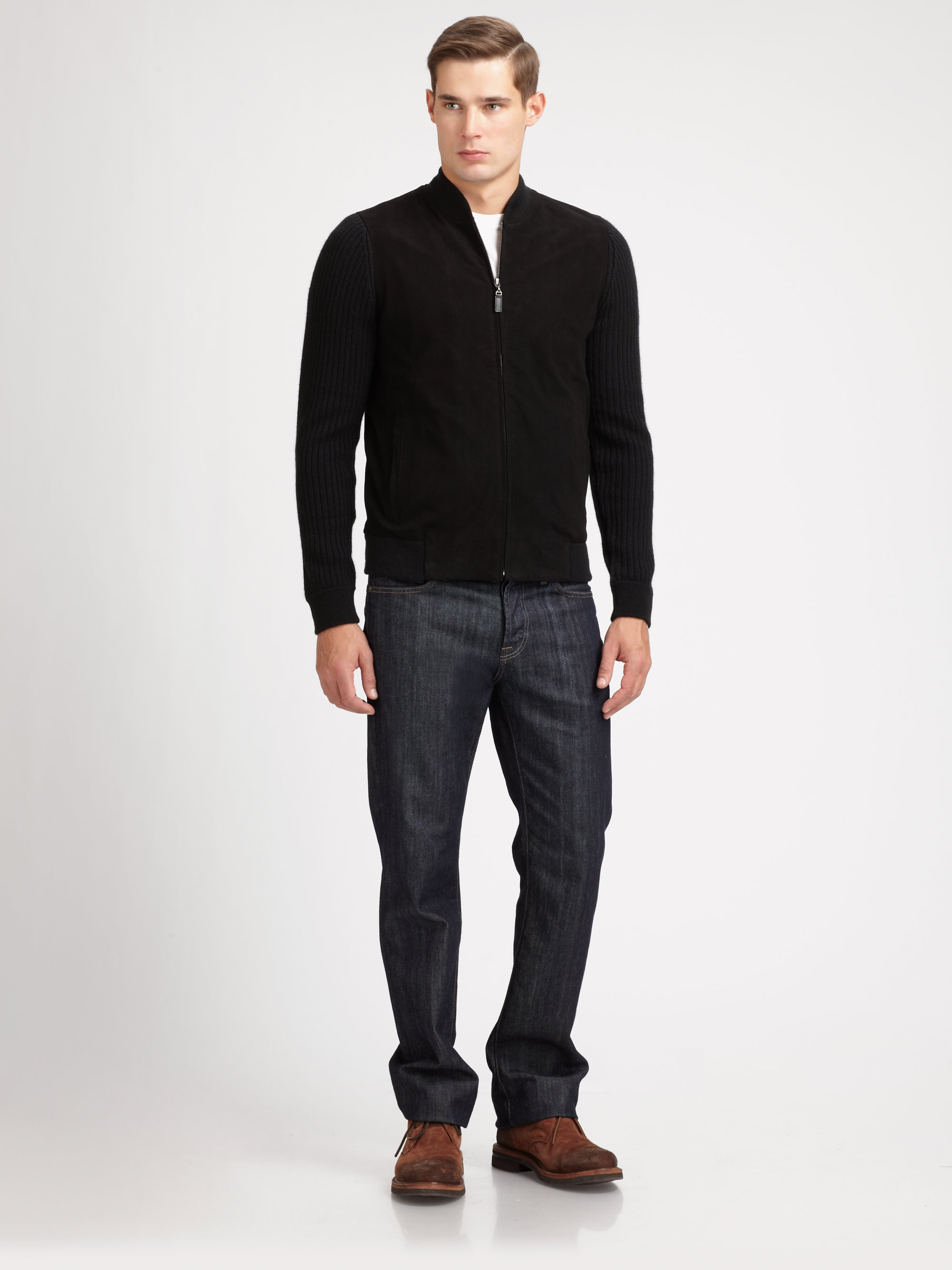 Saks fifth avenue Leather Cashmere Sweater in Black for Men | Lyst