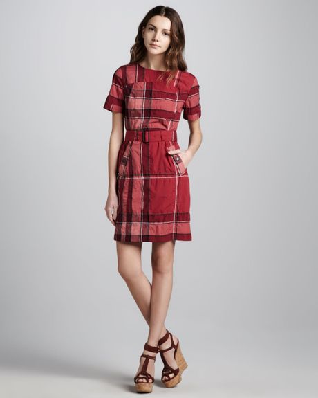 Burberry Brit Belted Check Shirtdress in Red (boysenberry) | Lyst