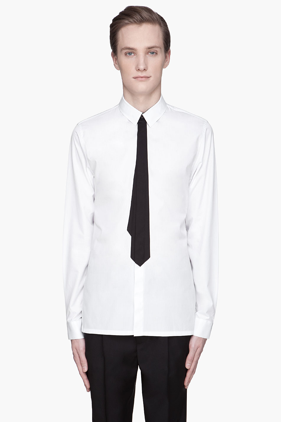 grey pants white shirt black tie