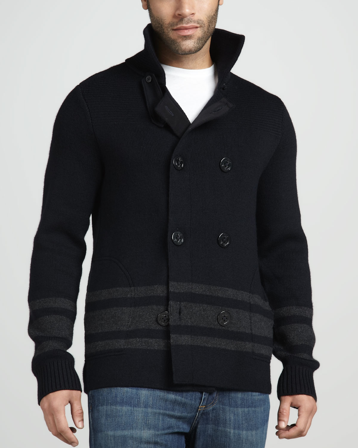 Lyst - Vince Striped Wool Pea Coat Sweater in Black for Men