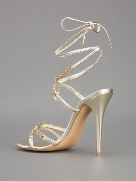 Stuart Weitzman Crystal Heeled Strappy Sandal in Gold | Lyst