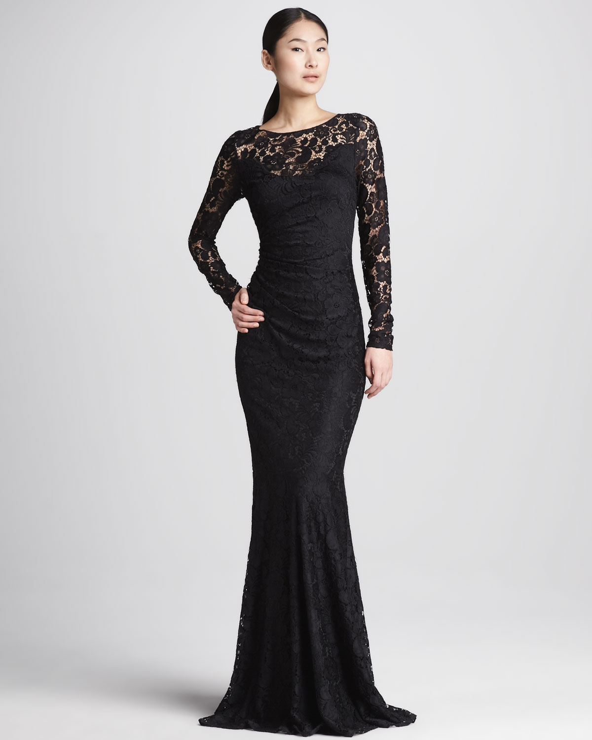 Lace-Embroidered Long Illusion Prom Dress - PromGirl