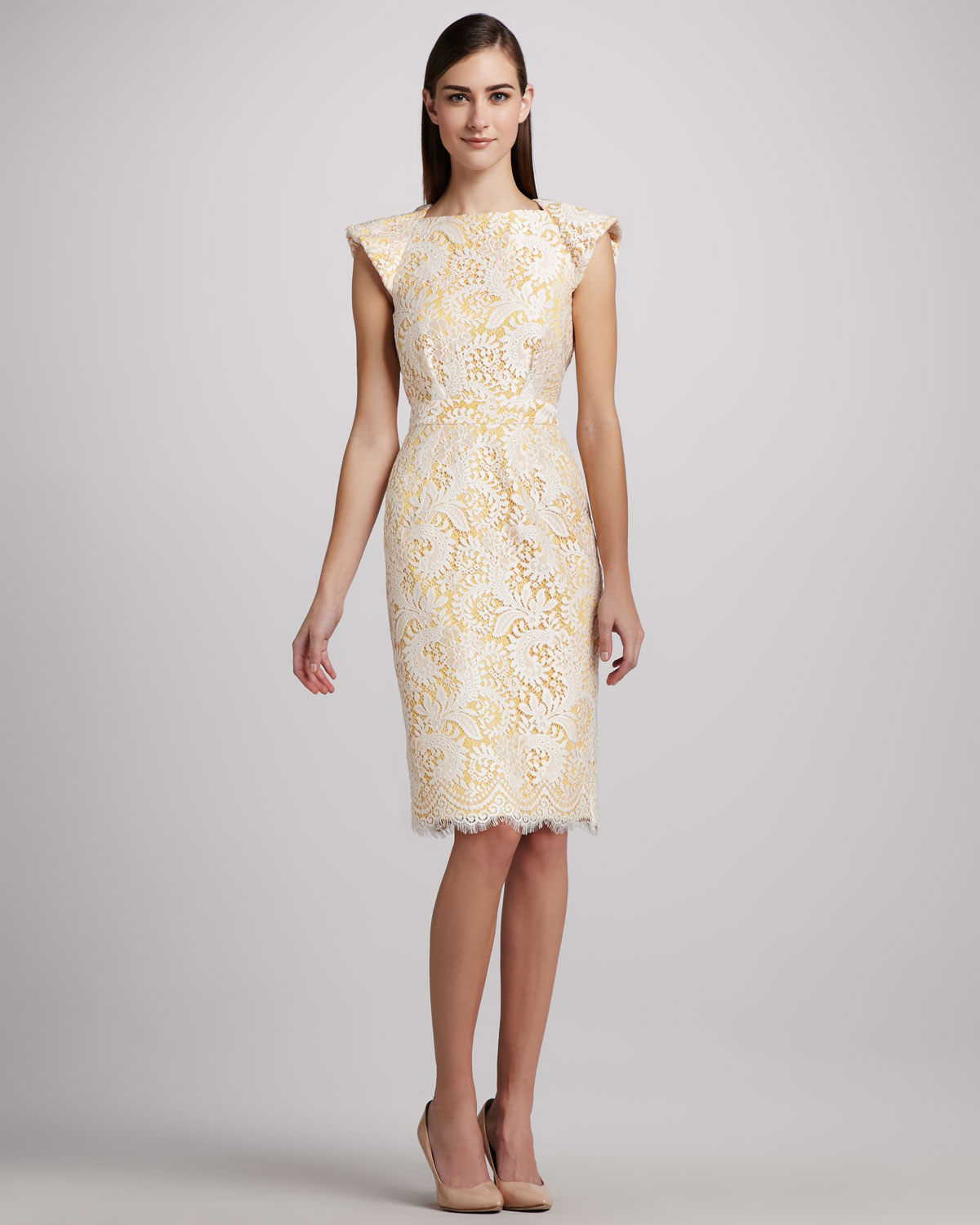 Lyst Badgley Mischka Lace Tail Dress With Open Back In Yellow Gallery
