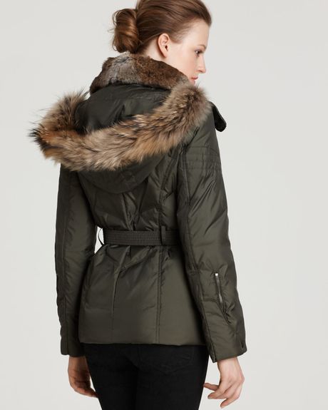 Andrew Marc Fur Trimmed Belted Puffer Jacket in Green (bottle green) | Lyst