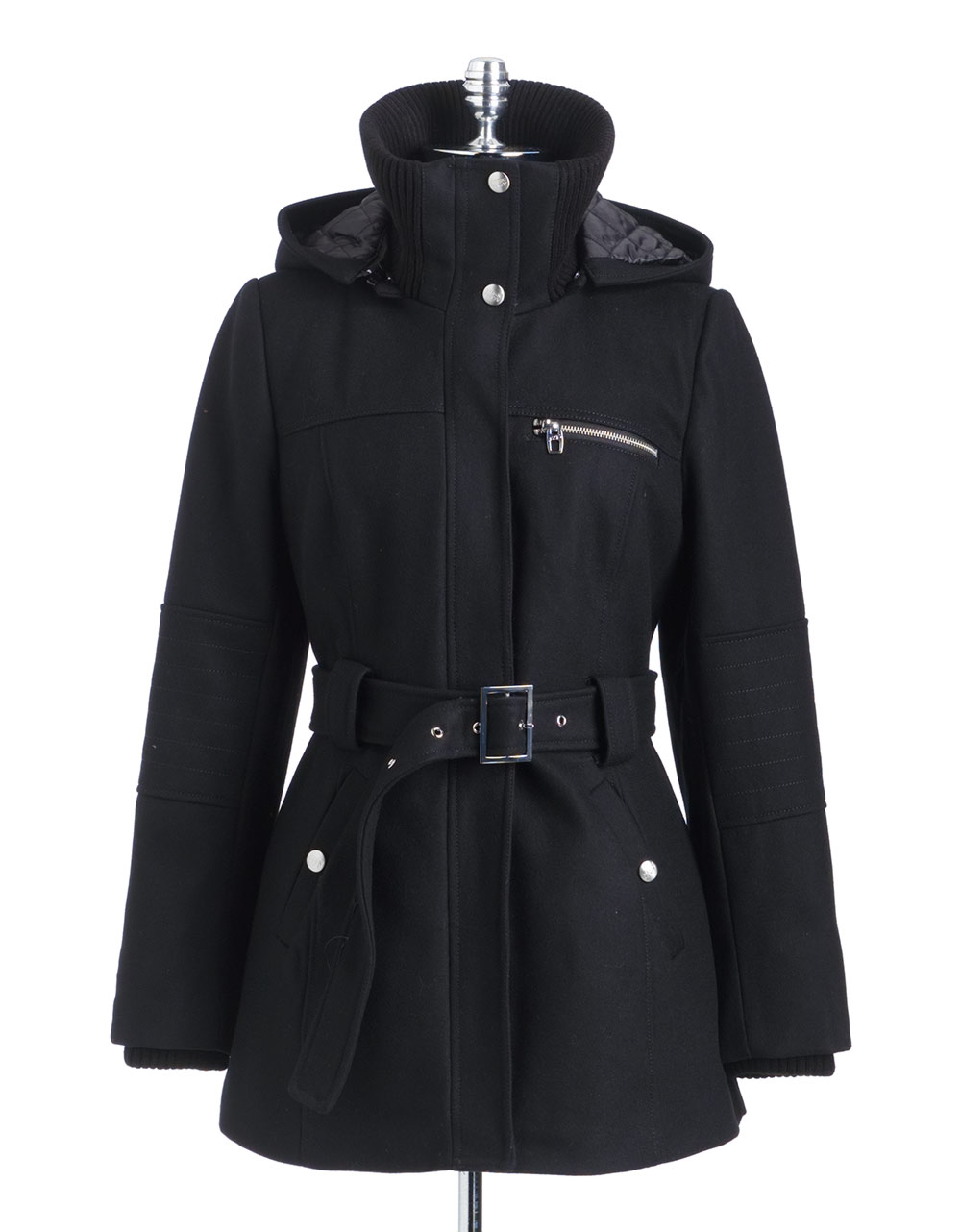 Miss Sixty Knitcollar Hooded Coat in Black | Lyst