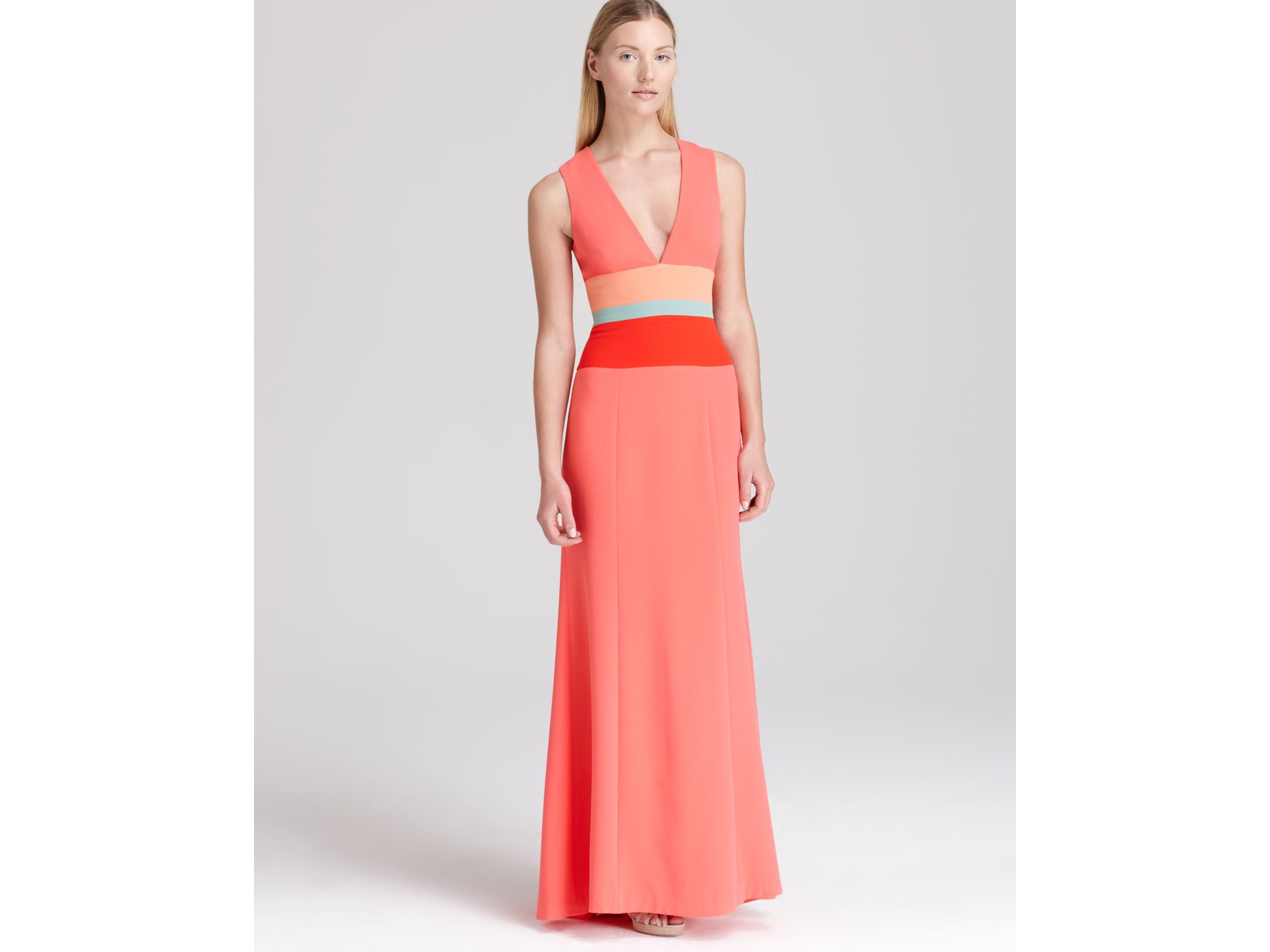 Lyst Bcbgmaxazria Gown V Neck Color Block In Pink Gallery