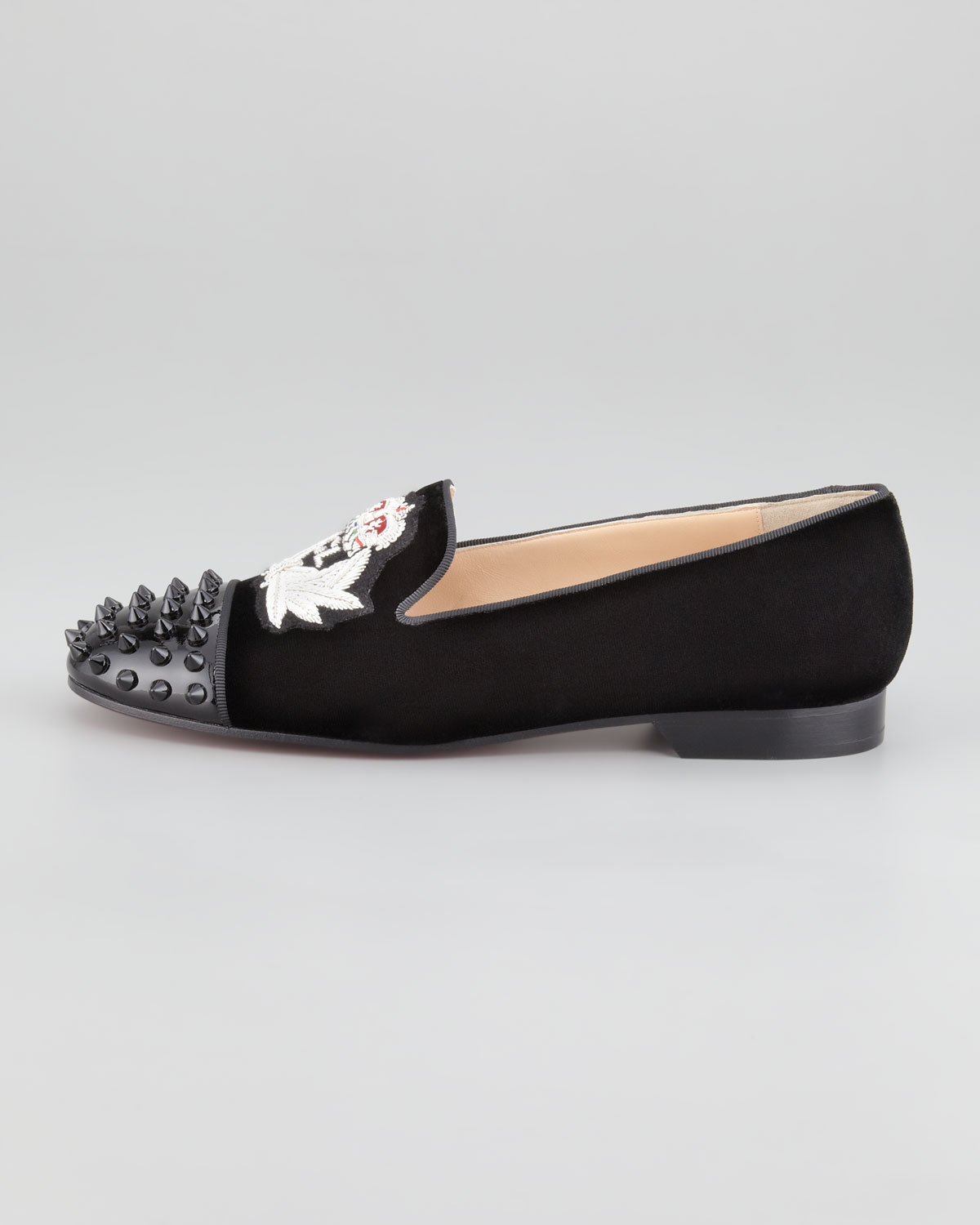 best replica shoes - Christian louboutin Intern Spiked Velvet Red Sole Loafer in Black ...