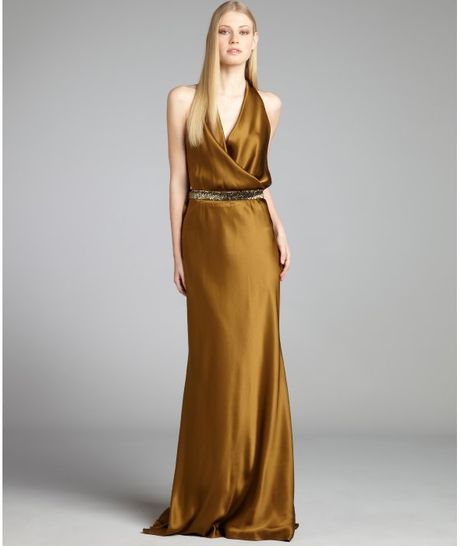 Nicole Miller Silk Blouson Halter Bead Embellished Belted Gown in Gold ...