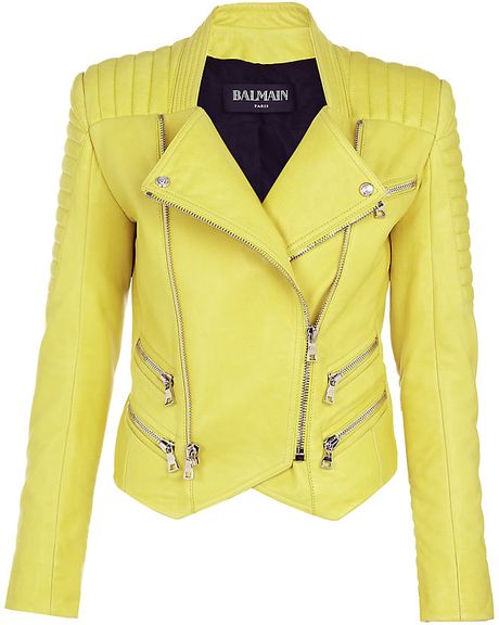 Balmain Quilted Leather Biker Jacket in Yellow | Lyst