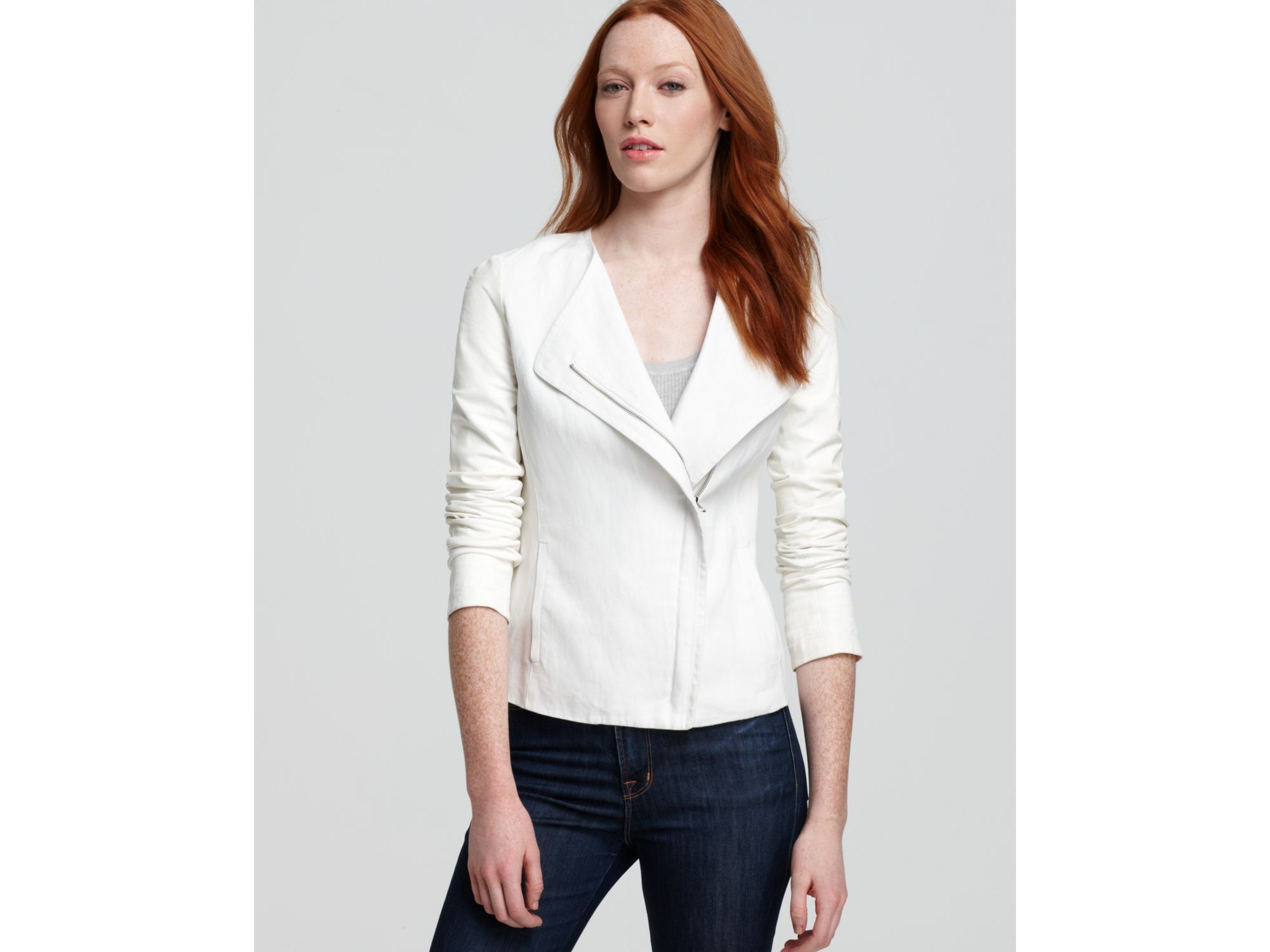Vince Jacket Linen Asymmetric Leather Sleeve In White Lyst Gallery