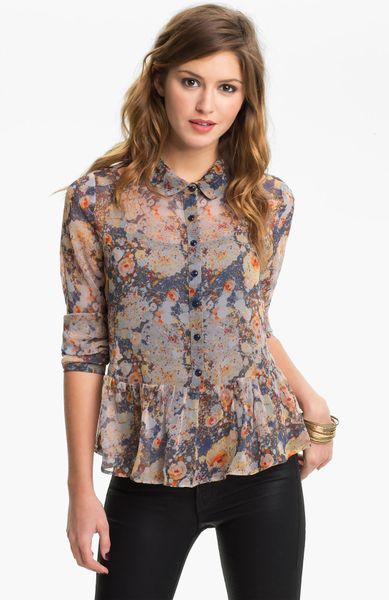 Lily White Floral Chiffon Peplum Shirt Juniors in (end of color list ...