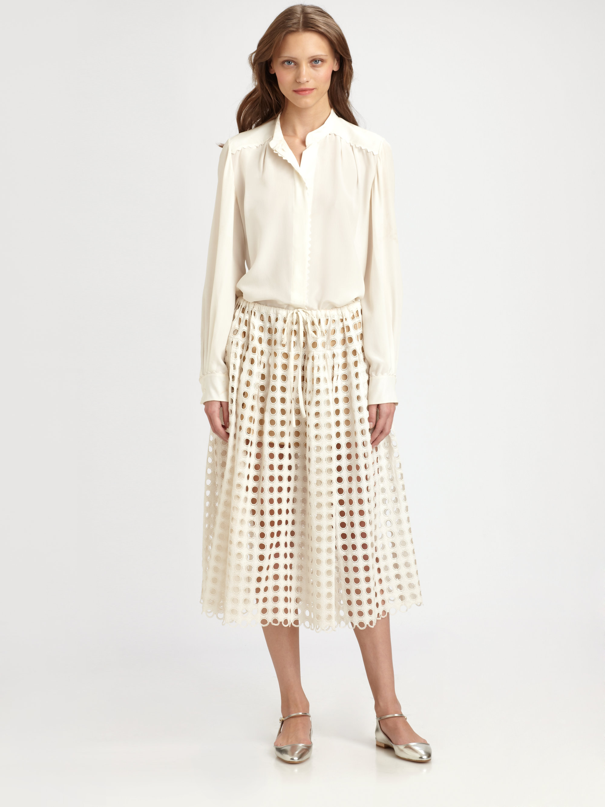 Chloé Silk Scallop Blouse in White | Lyst