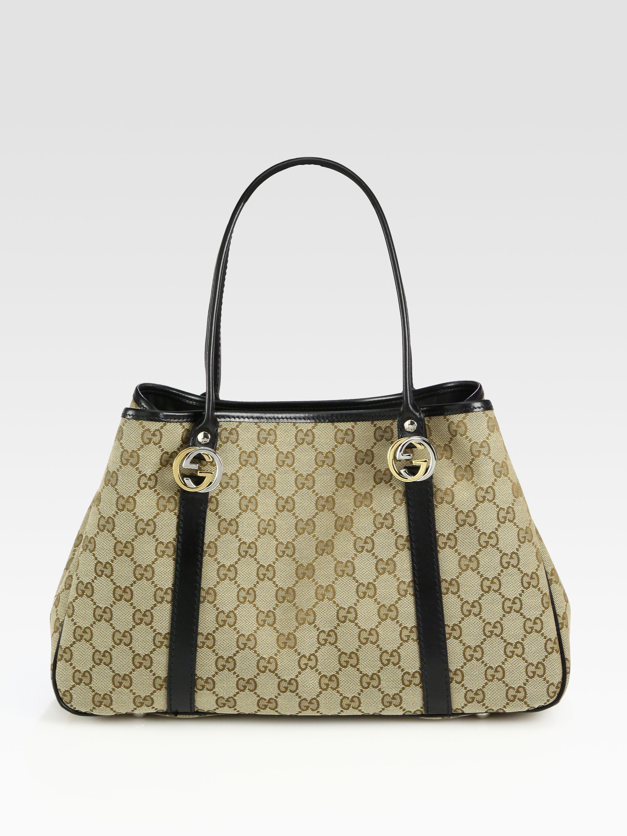 Gucci White and Beige Gg Canvas and Leather Tote Bag in White | Lyst