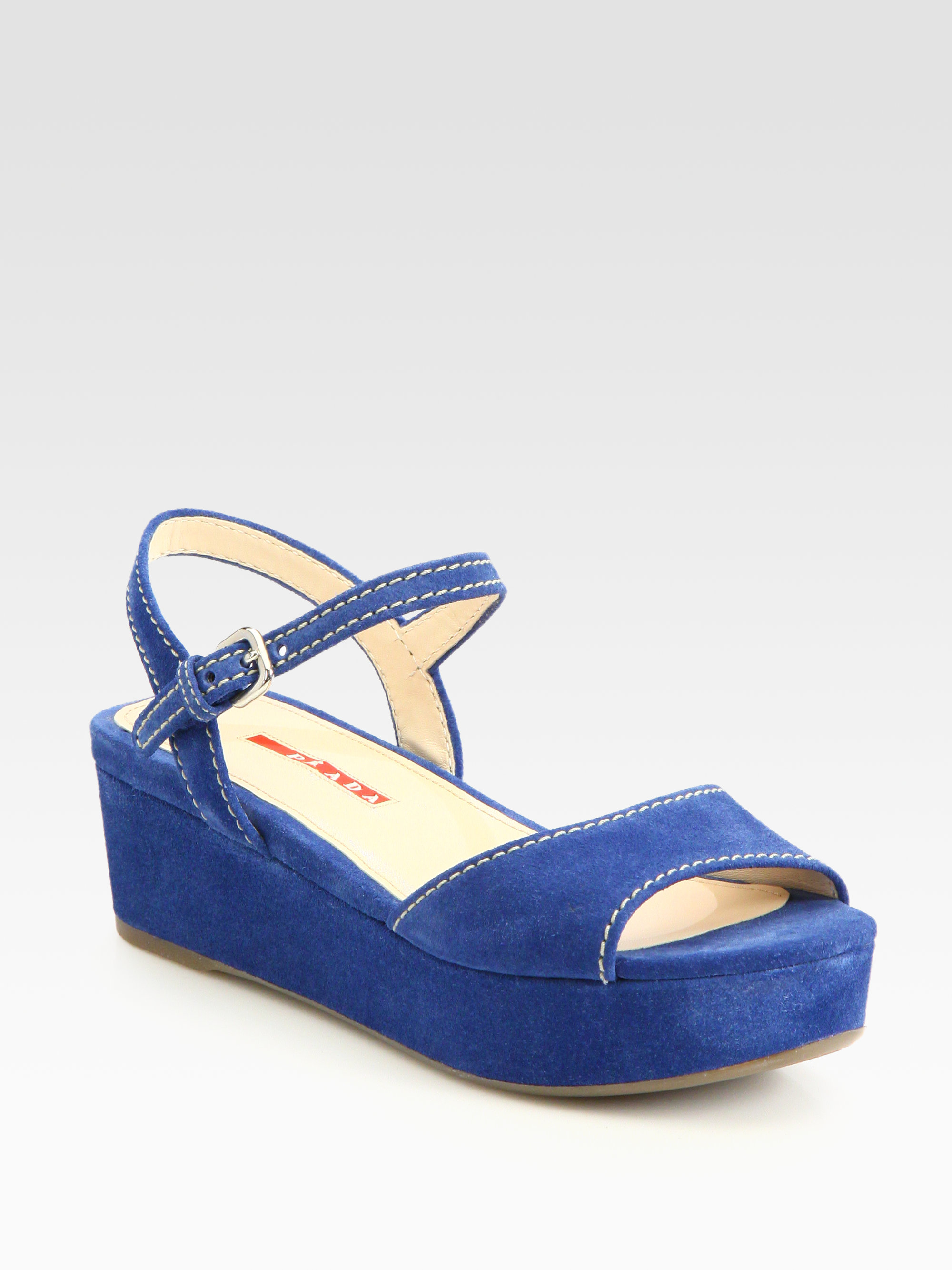 Prada Suede Platform Wedge Sandals in Blue | Lyst