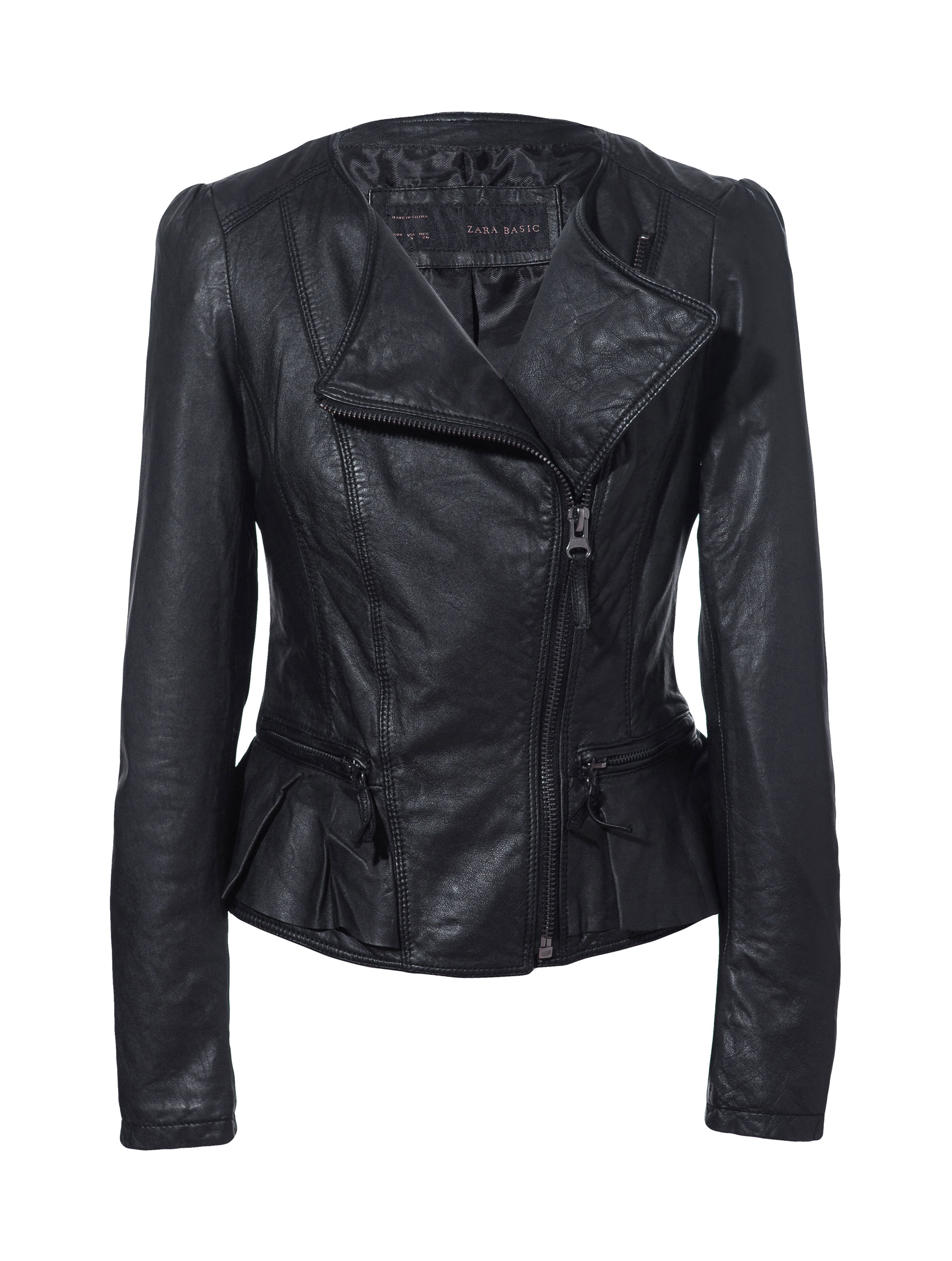 Zara Leather Jacket with Ruffle Detail in Black | Lyst