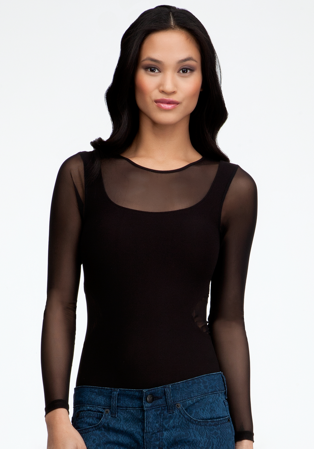 Lyst Bebe Long Sleeve Mesh Inset Bodysuit In Black