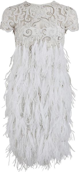 Marchesa Embroidered Tulle Feather Dress in White | Lyst