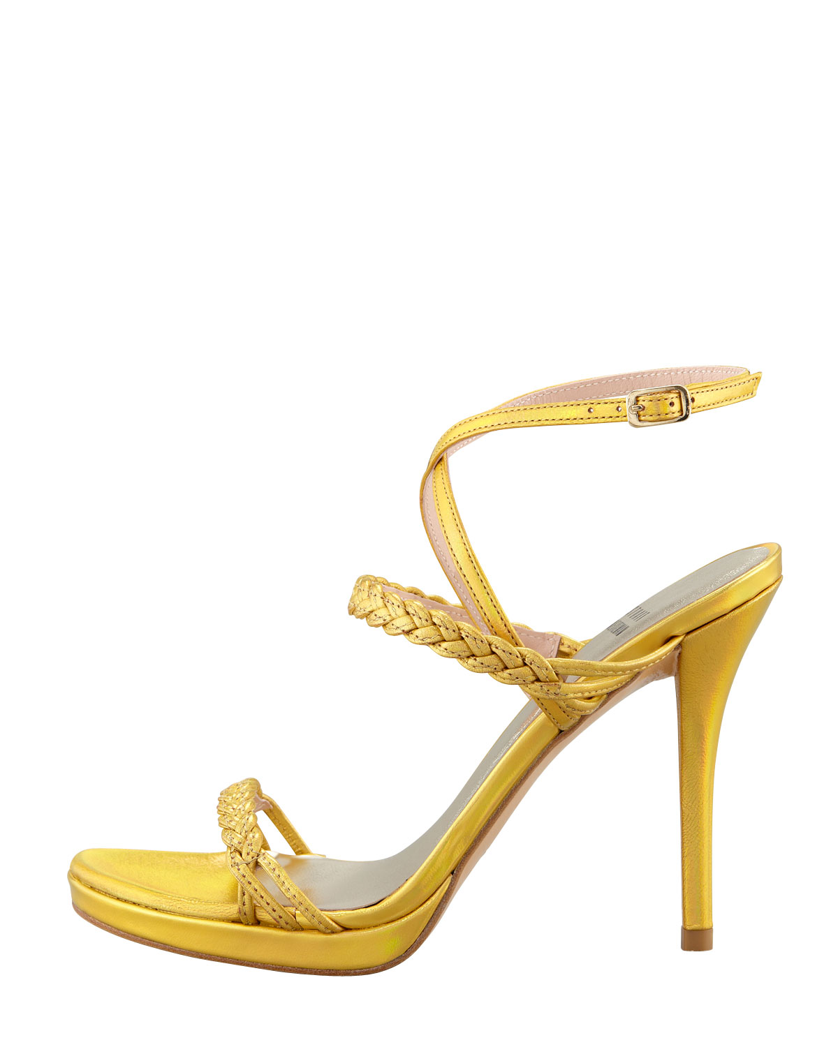 Lyst - Stuart Weitzman Coucher Braided Specchio Leather Hologram Sandal Old Gold in Metallic