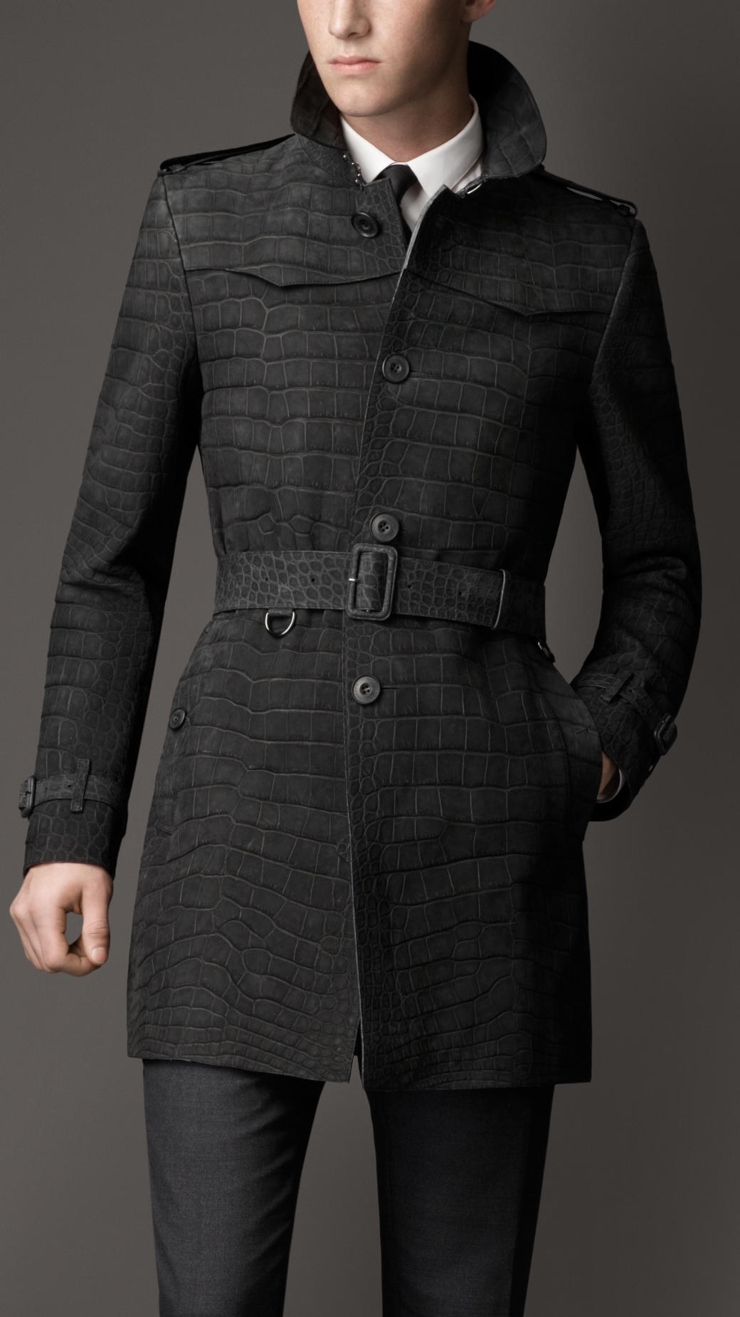 Lyst - Burberry Midlength Alligator Leather Trench Coat in Gray for Men