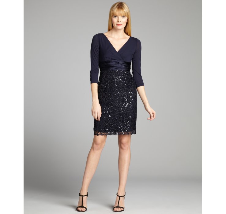 Kay Unger Jersey Knit and Silk Blend Sequined Lace Dress in Blue (navy ...